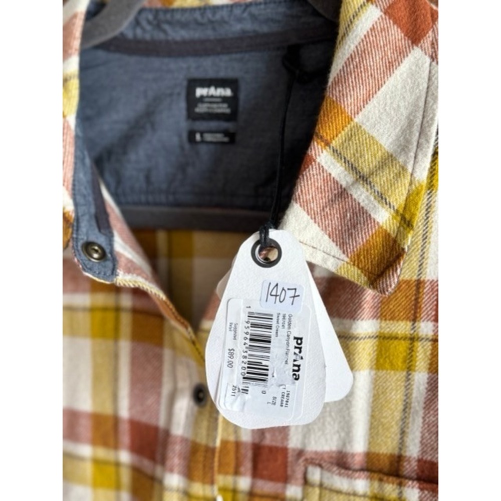 Prana Womens Golden Canyon Flannel Shirt Sweet Cream Plaid Organic Cotton L NEW - Picture 4 of 12